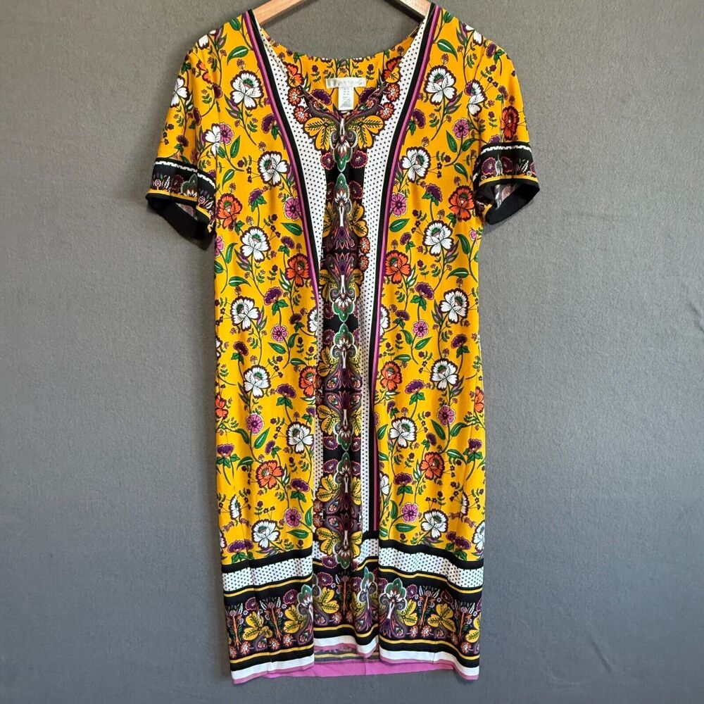 London Times Dress Size 10 Yellow Floral Print Polyester
